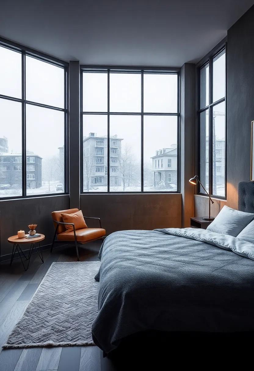 Lounging space featuring modernist furniture‌ near ‍wide ⁣steel windows brightened by gentle snowfall⁢ softly ‍falling ⁢on ⁢the⁤ urban ​landscape outside