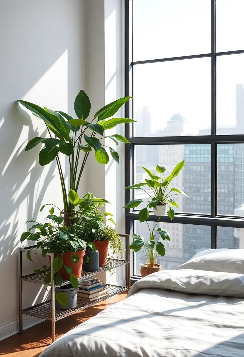 Lush ‌indoor ​plants thriving⁢ on a sleek metal shelf next to the large ‌urban⁢ windows⁤ casting ​dynamic⁢ shadow patterns inside