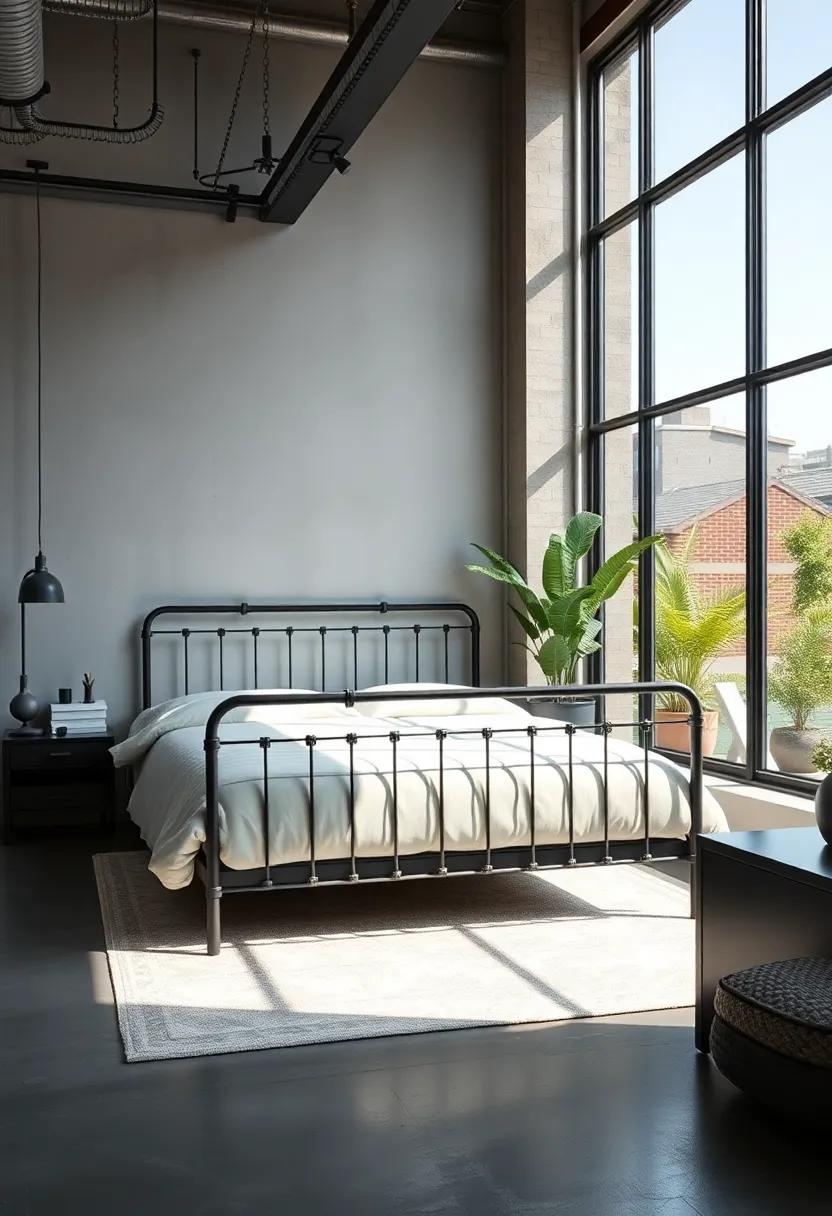 Luxurious industrial bedroom featuring sleek iron bed frame ⁤and⁢ floor-to-ceiling windows opening to ⁢quiet urban gardens