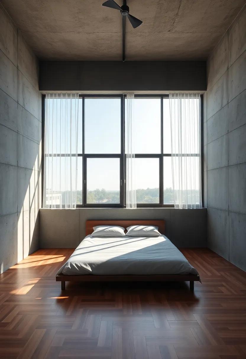 Minimalist ‍concrete walls contrasted ‍by ⁢warm wooden flooring beneath expansive⁢ panoramic windows with sheer curtains