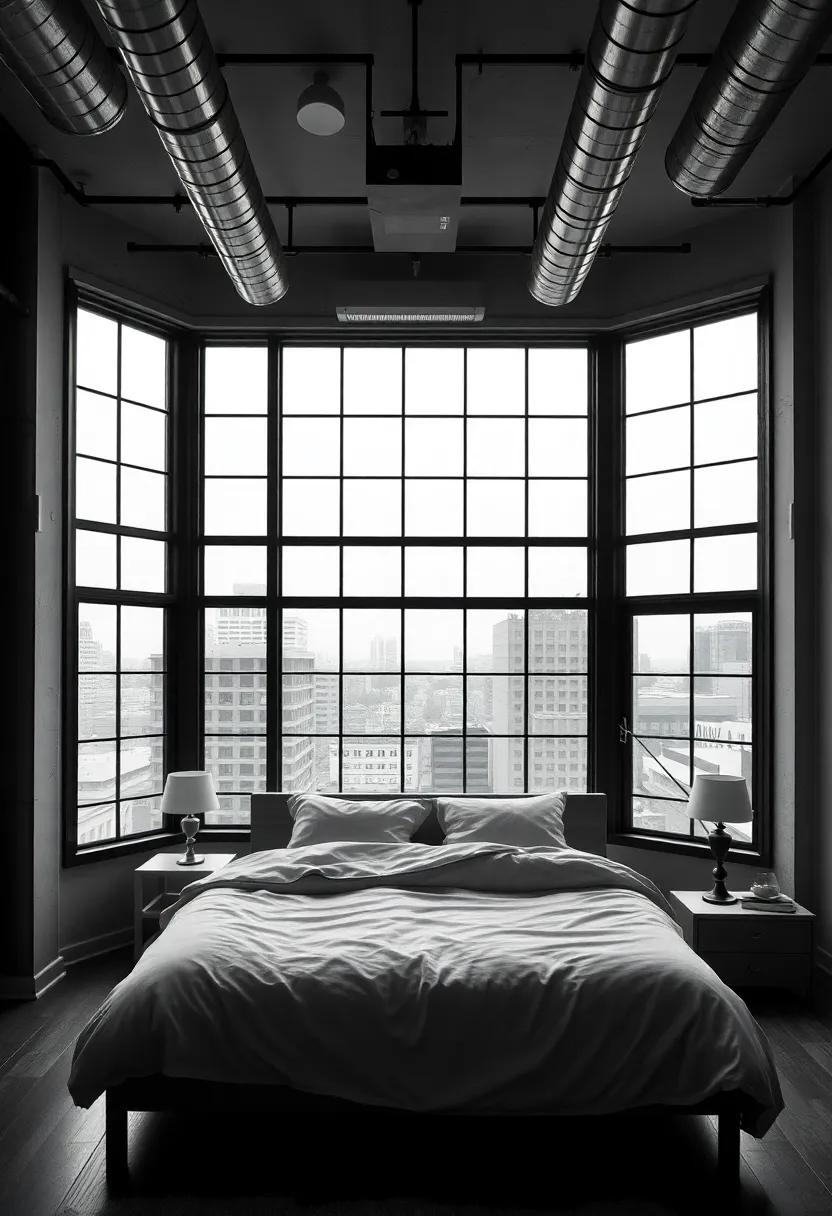 Monochrome ⁢industrial‍ bedroom ‍with exposed‍ ductwork and ⁢oversized windows framed by black steel,offering urban serenity