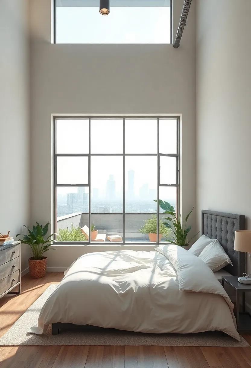 Muted ‍color scheme ⁤enhanced ​by ‌natural sunlight flooding through expansive steel-framed ‍windows opening ⁢to a calm city rooftop garden