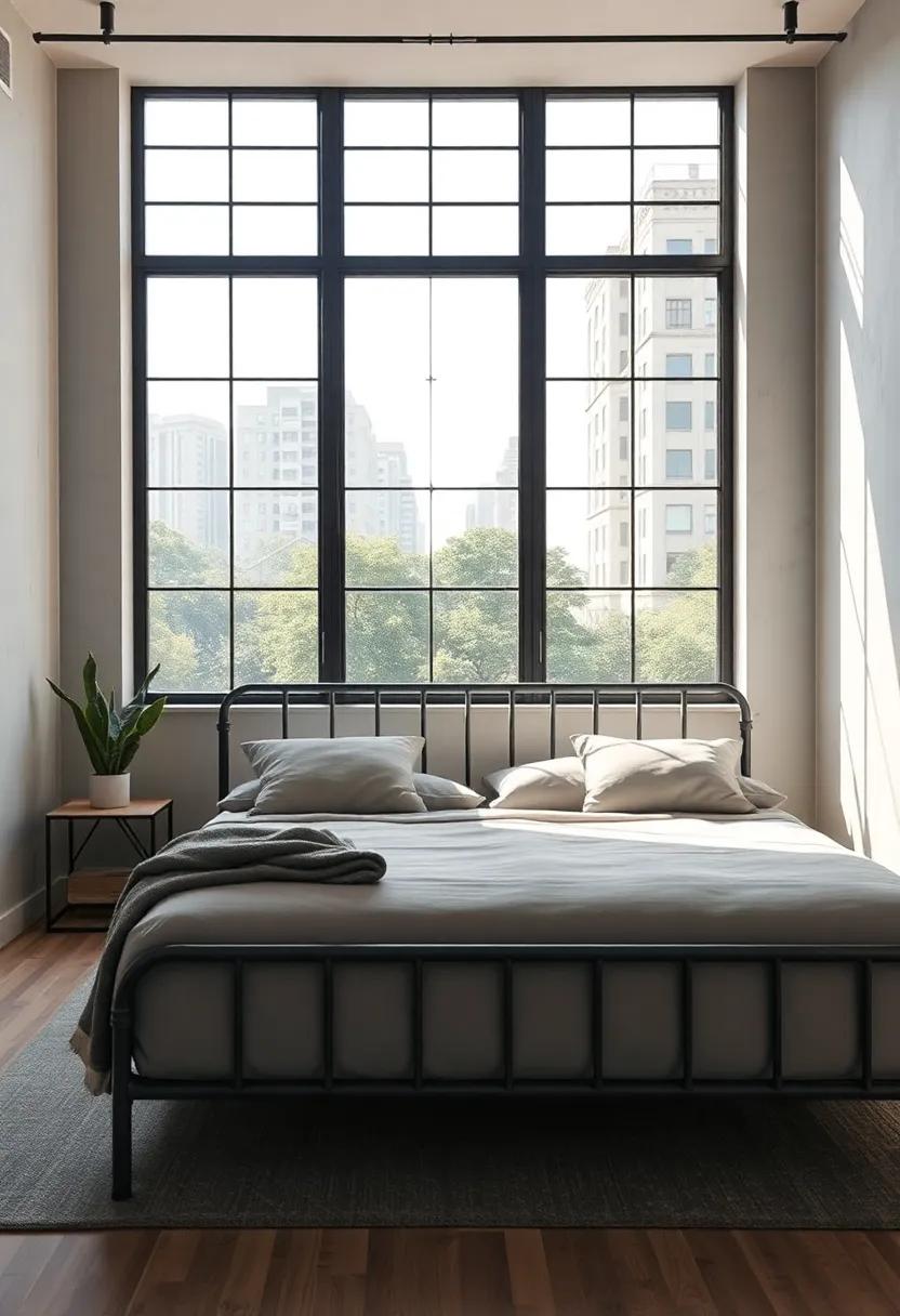 Neutral palette ⁣upholstery contrasted with a patina‌ metal ‌bed frame beneath wide vertical windows revealing a tranquil urban ‍park