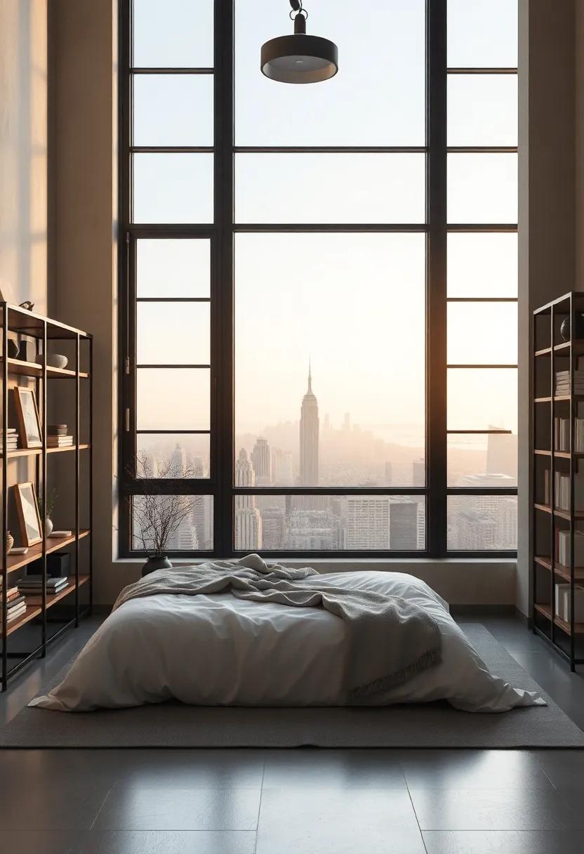 Open​ shelving ‌with curated ​objects beside floor-to-ceiling steel windows⁢ displaying a ⁣panoramic ‍view of an‍ early morning city ‍skyline
