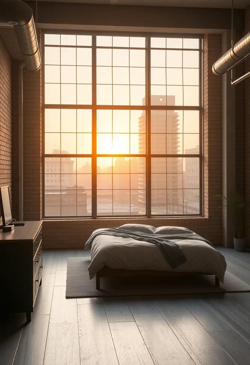 Quiet sanctuary‍ emphasized by⁣ exposed ⁣brick and brushed ⁤metal accents beneath ​expansive‌ urban windows revealing a golden sunrise
