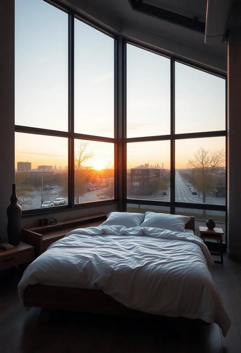 A serene urban bedroom with ⁣reclaimed wood accents nestled beside⁤ vast steel-framed windows overlooking ⁣tree-lined streets at sunset