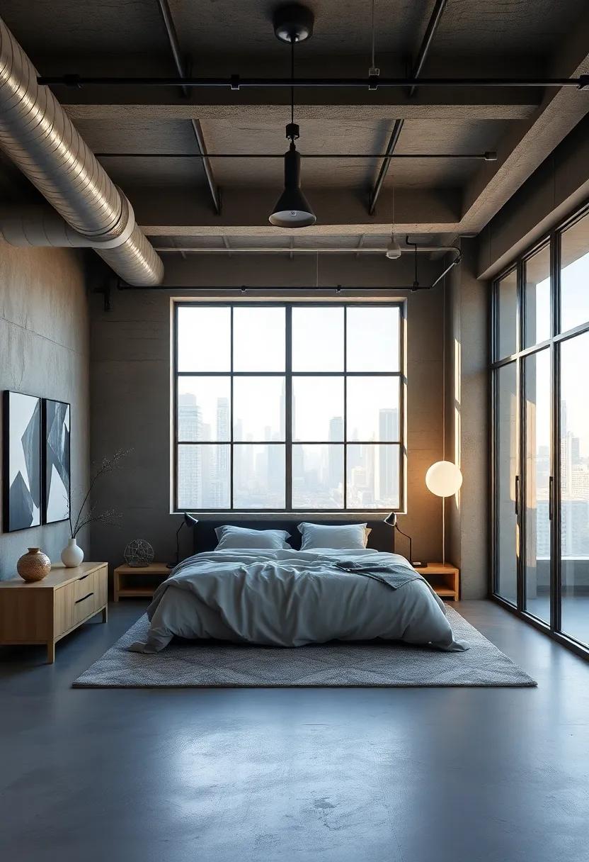 Sleek geometric art installations decorating an industrial⁤ bedroom ‌illuminated by⁤ broad ⁤windows​ capturing changing city ⁤light throughout the day