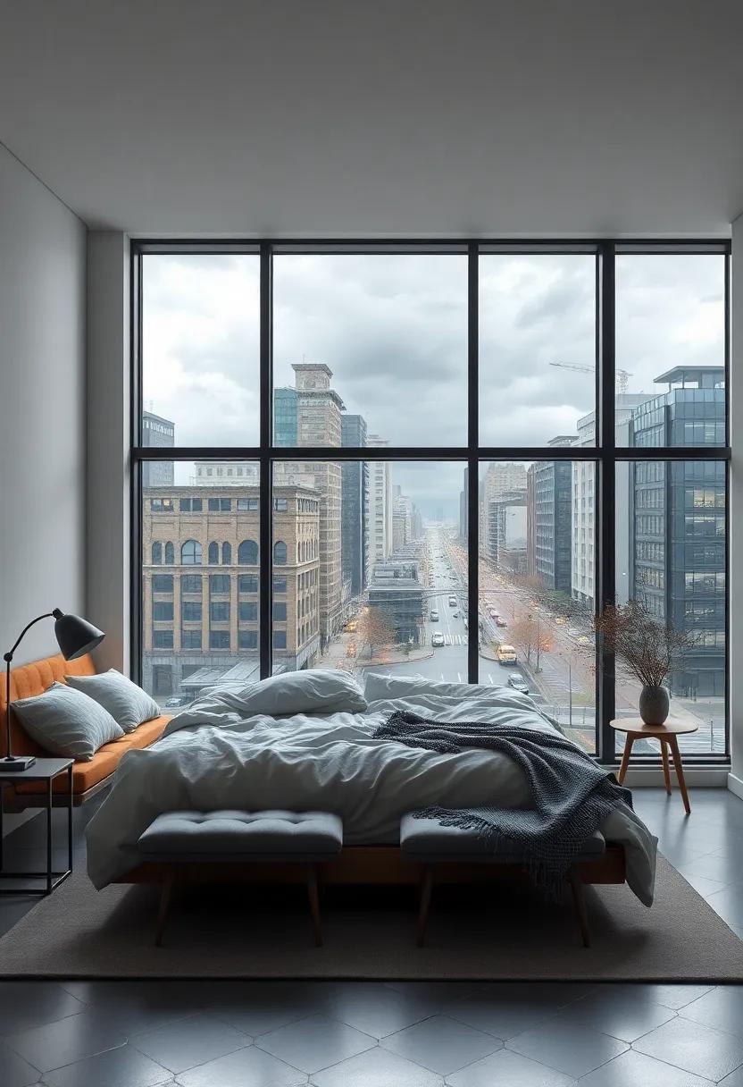 Soft minimalist furnishings placed near an⁤ industrial⁢ window wall revealing a bustling city street beneath stormy skies