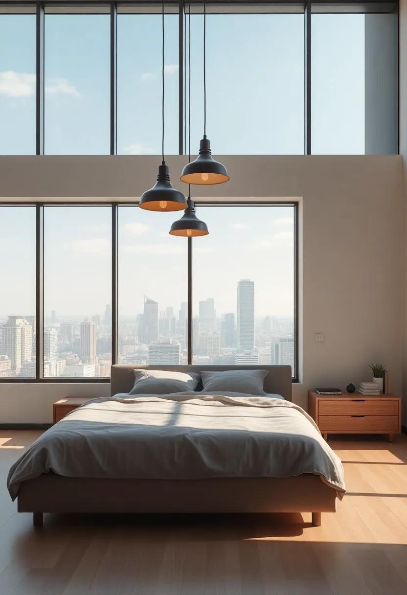 Streamlined metal pendant lights hanging over a neutral-toned bed with the city ​skyline‌ visible through‍ expansive windows