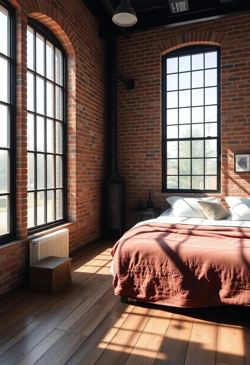 Sun-drenched corner‍ with vintage wooden‍ flooring, combined with rugged brickwork and wide steel-framed windows ⁣for ‍a‍ serene retreat