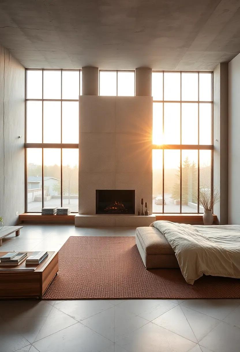 Textured concrete fireplace complementing an industrial ⁢bedroom space with expansive windows welcoming golden ⁤hour light