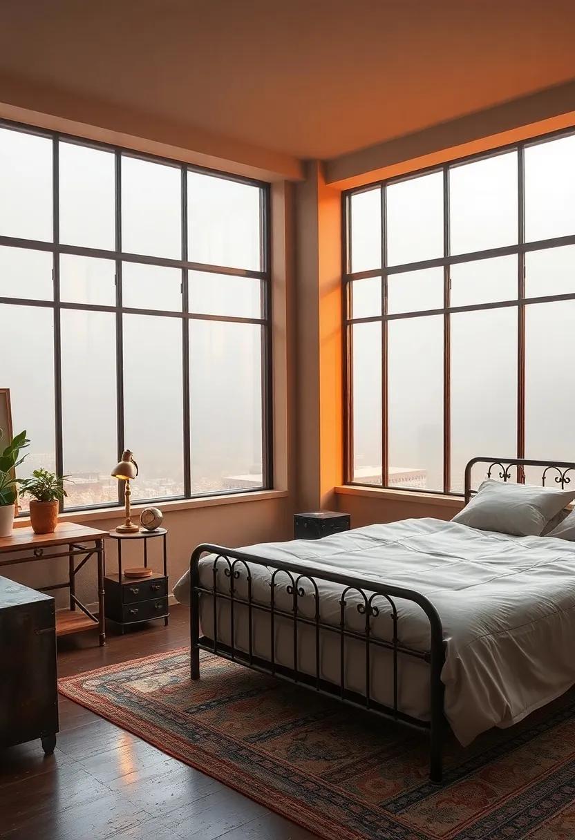 Warm amber tones ‍reflecting on ‍distressed‍ metal furniture inside a⁣ serene bedroom⁢ with expansive factory-style⁣ windows on a foggy‌ morning