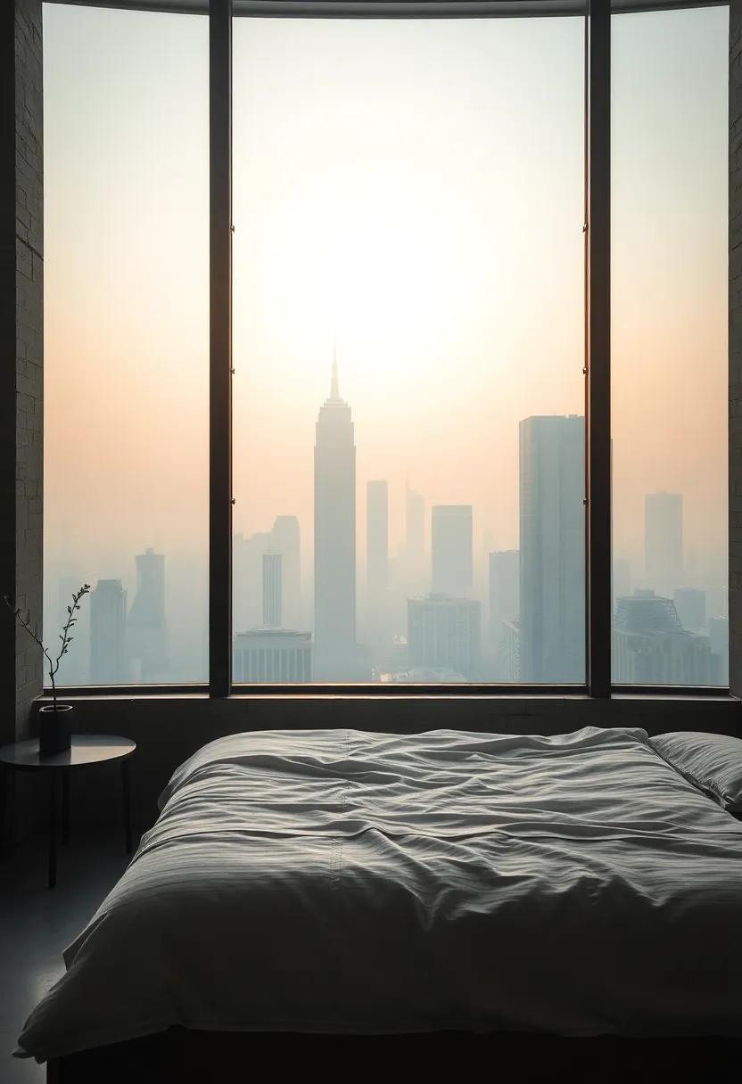 Zen-inspired​ industrial bedroom with raw textures and⁤ panoramic windows ⁣revealing⁤ skyscrapers⁢ enveloped in ⁣morning haze