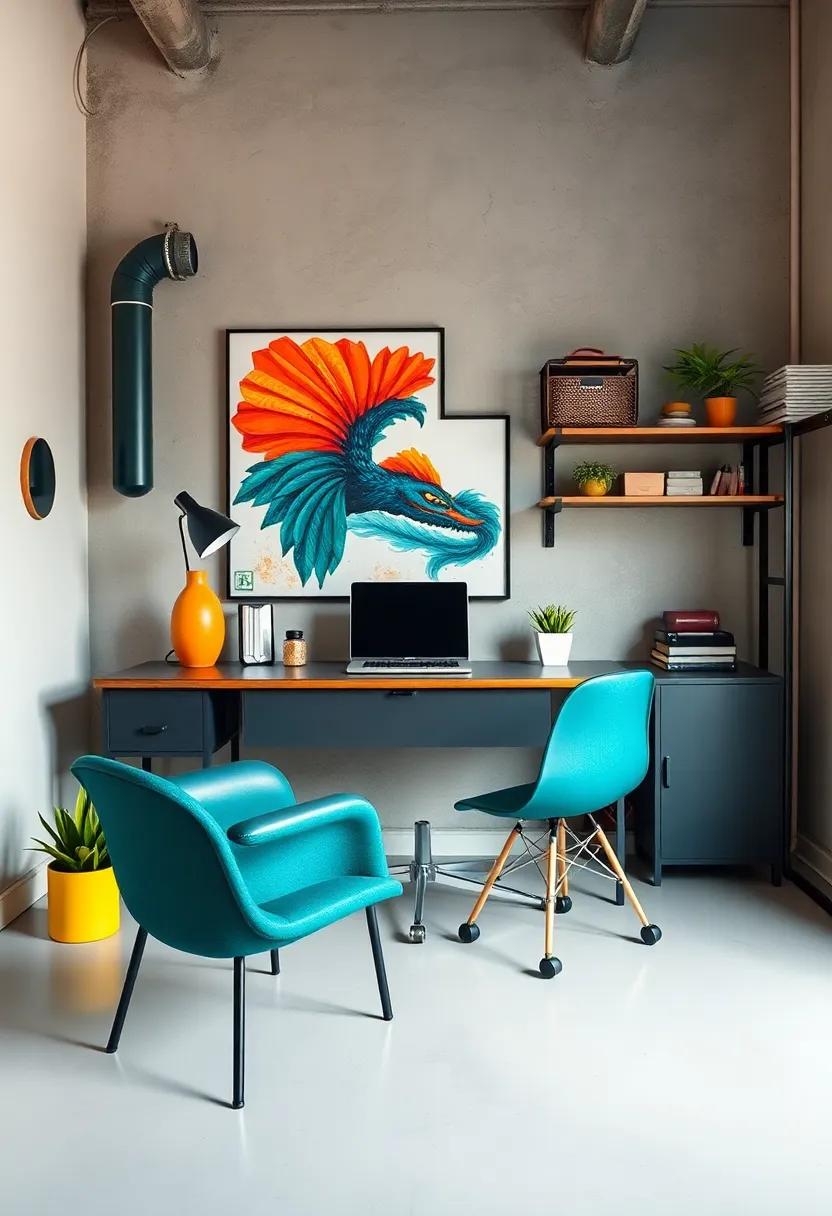 Bold Color Accents: Introduce vibrant colors through artwork or accessories against a neutral industrial backdrop to elevate energy and motivation
