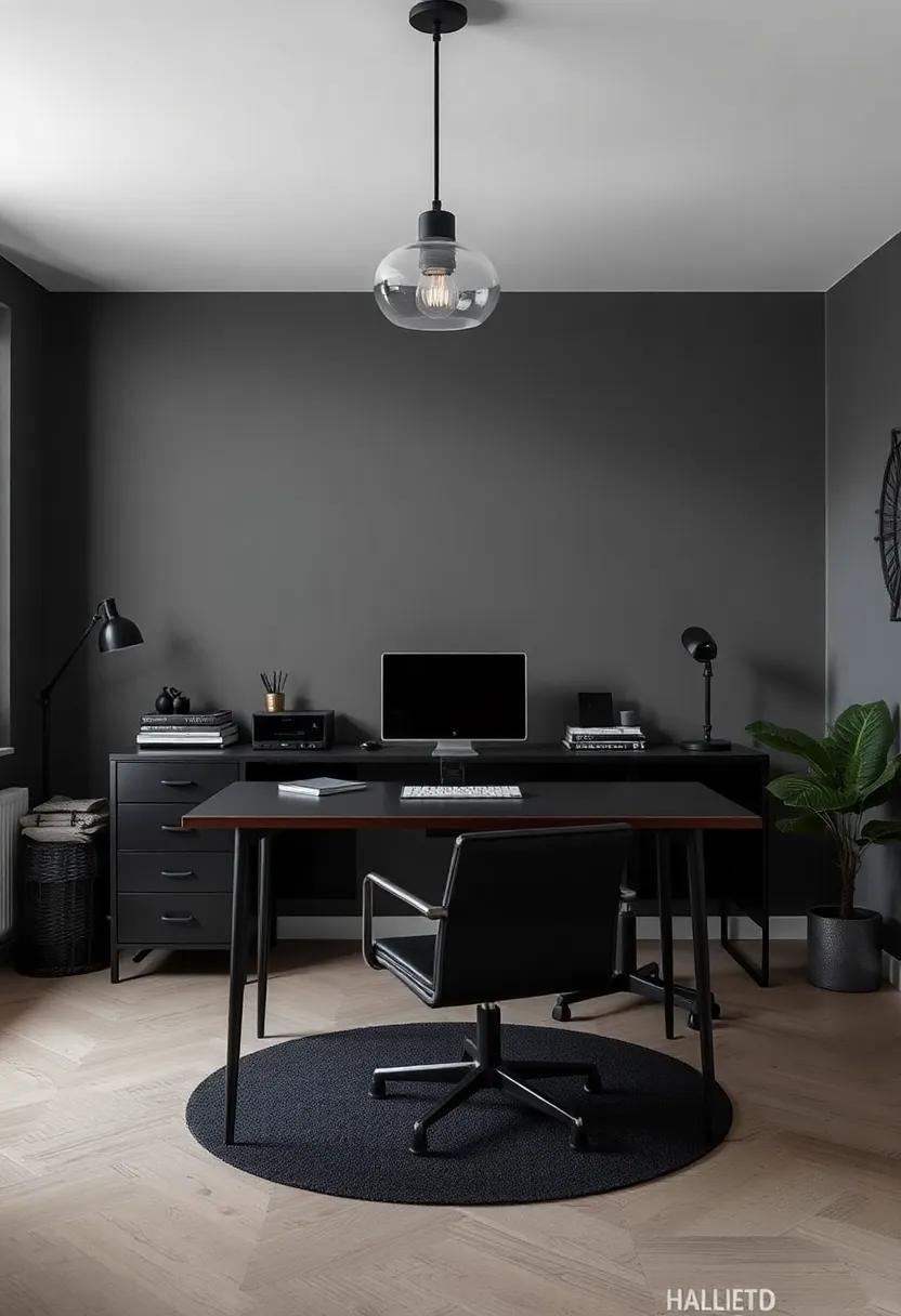 Dark and Dramatic: A darker color palette with black furniture and deep hues can create a sophisticated ambiance that enhances focus and determination
