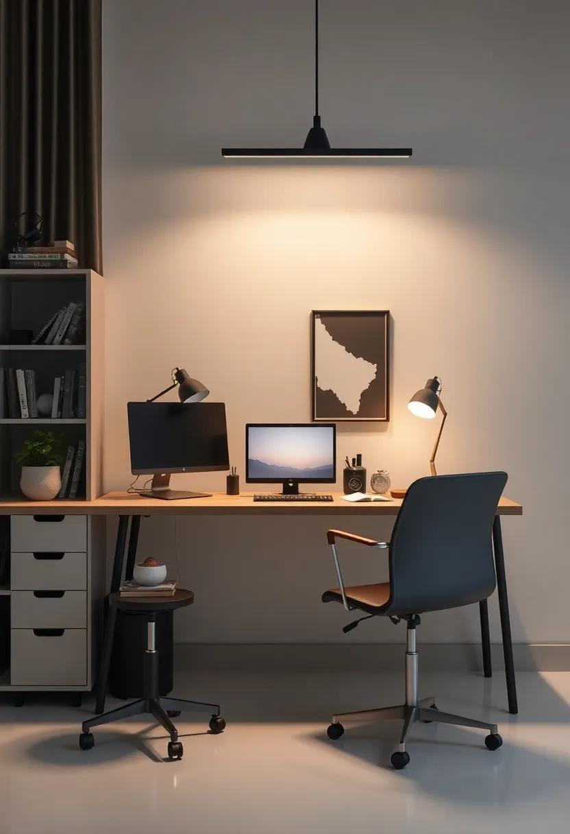 Effective Lighting Strategies: Transform your office with layered lighting—combine overhead fixtures and task lamps to create a well-lit environment for working late nights