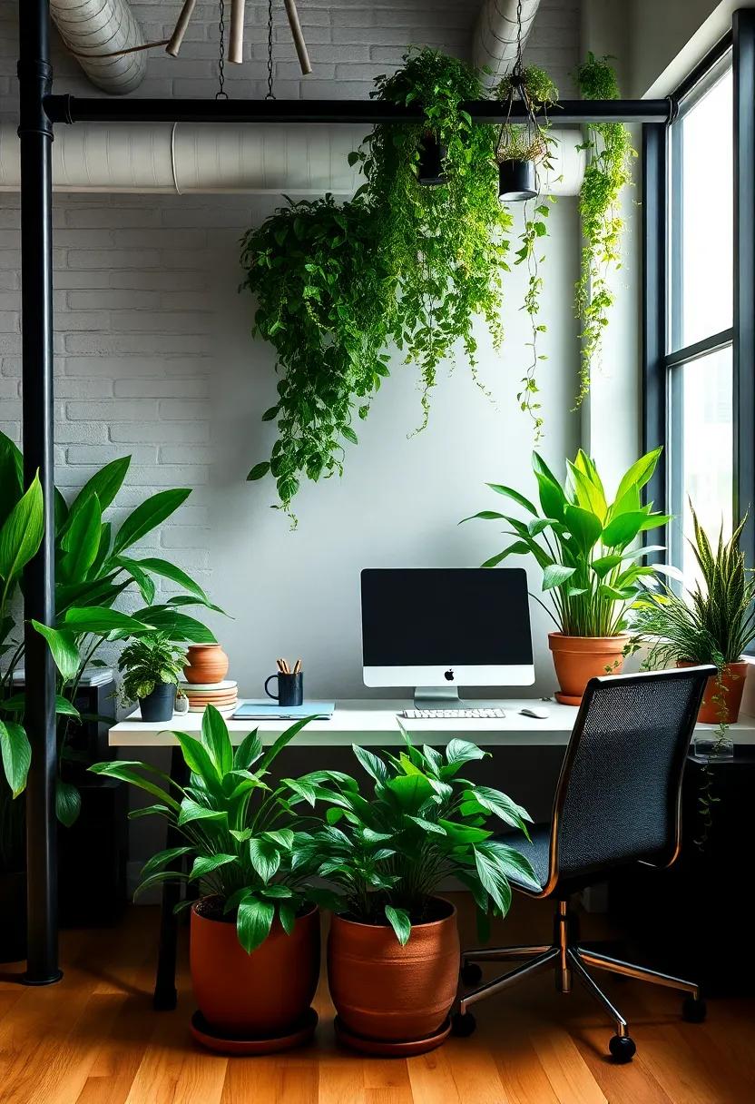 Greenery in the Urban Jungle: Add potted plants to your industrial office setup to enhance air quality and bring a refreshing natural element into your work environment