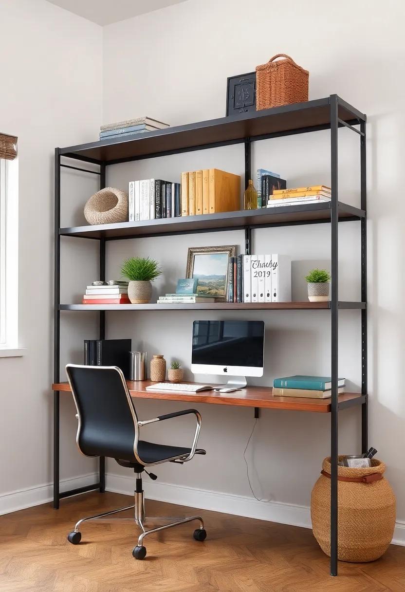 Open Shelving for Easy access: Use open metal shelving to display books, supplies, and decor, ensuring everything is within reach while maintaining a stylish, organized space