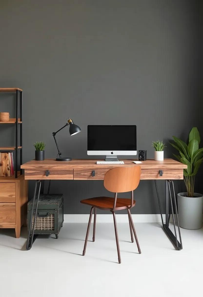 the Perfect Blend of Wood and Metal: An industrial desk made from reclaimed wood combined with steel legs gives a rustic yet modern touch to your workspace