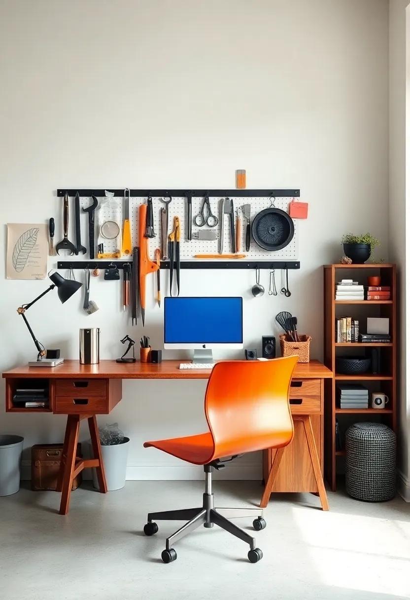 Utilize Vertical Space: Maximize your office efficiency by hanging tools and materials on the walls, turning vertical space into a practical and artistic display
