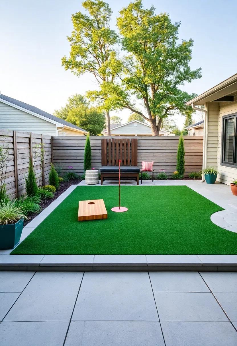 Create a game area featuring a built-in cornhole board or a mini putting green, encouraging friendly competition and family bonding