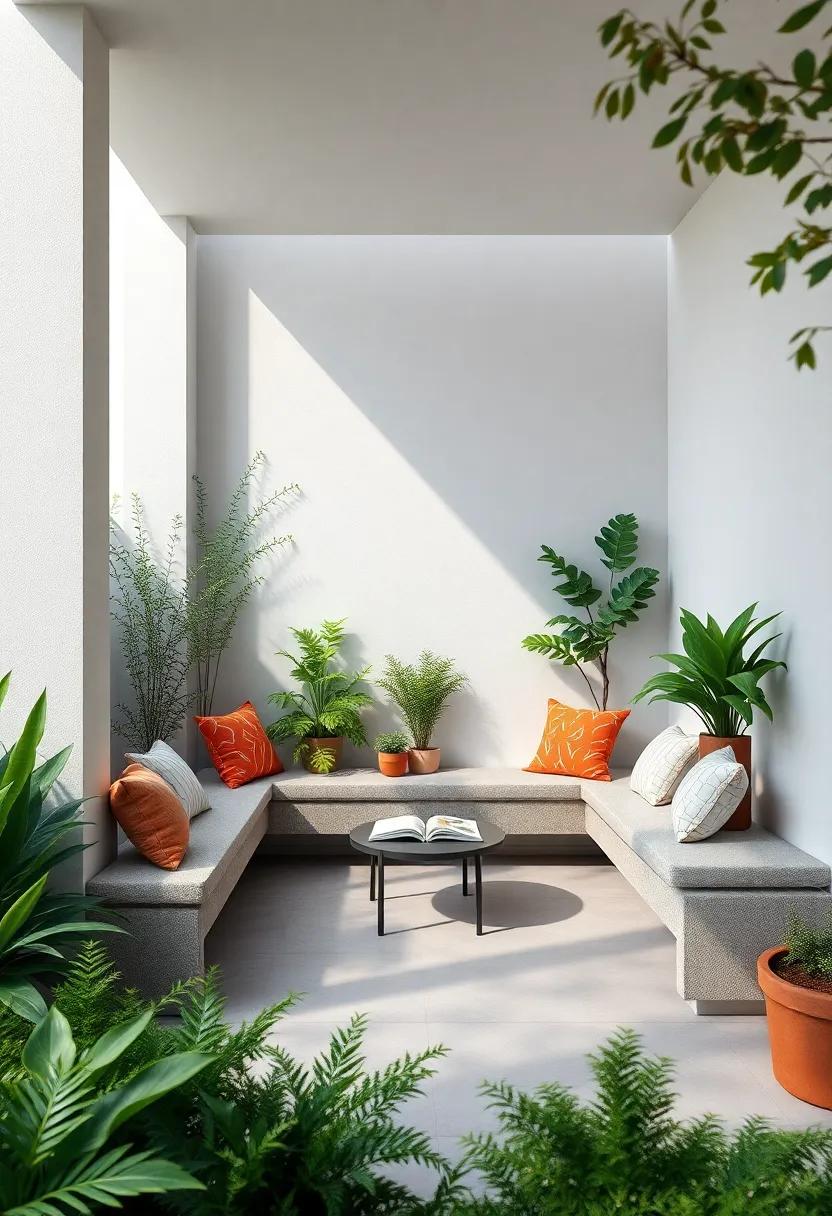 Create a cozy reading⁢ corner with built-in benches ‌nestled between greenery, inviting tranquil moments ⁣with your ⁣favorite book