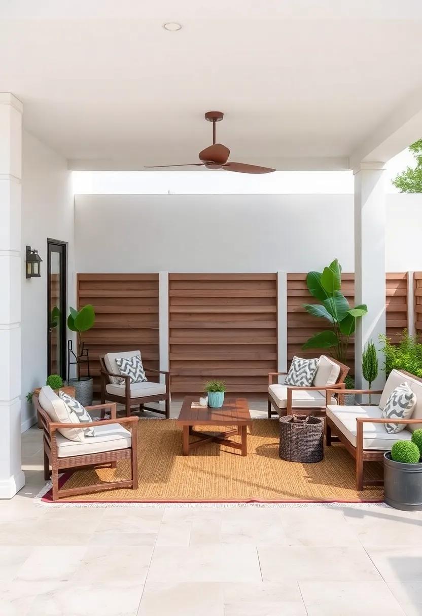 Use outdoor rugs to define different zones and add warmth and style to each area, creating a cohesive look while maintaining functionality