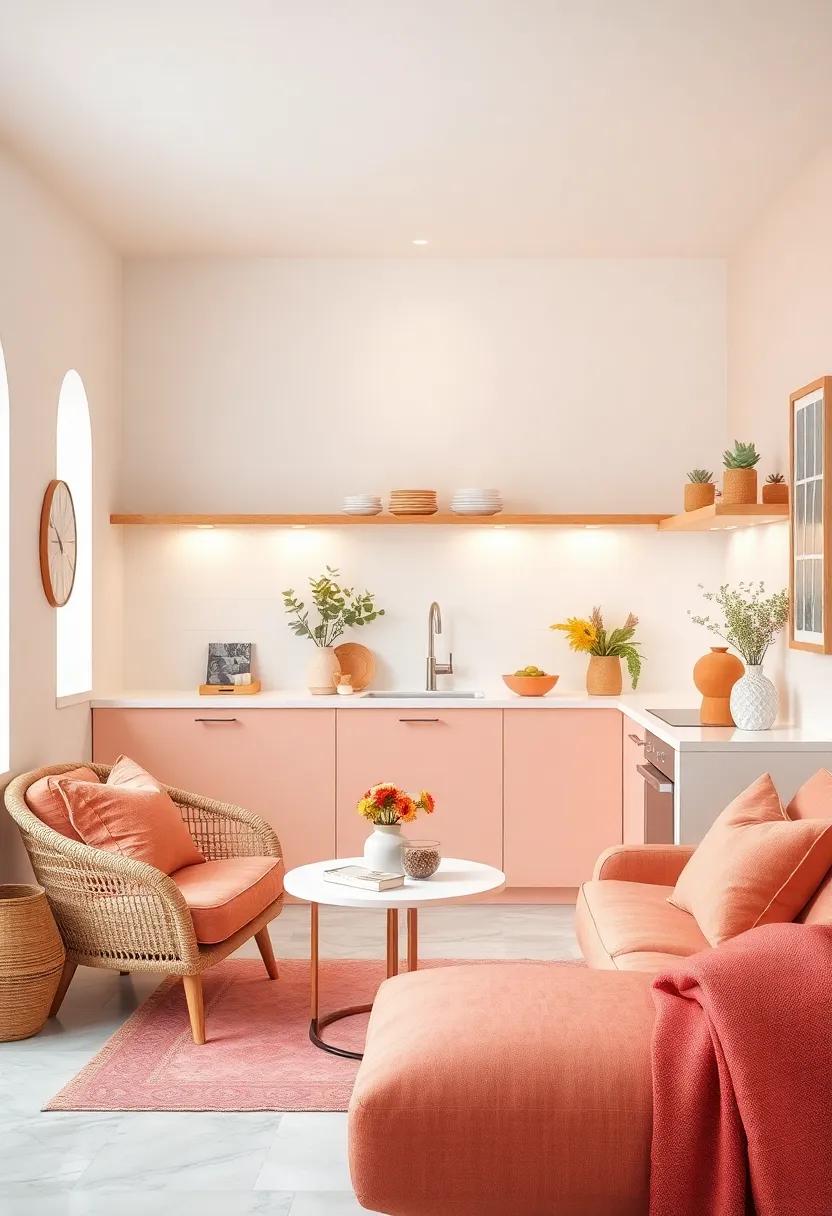Peach and Snow White – Warm peach hues ‌against a‌ snow-white backdrop brighten up the smallest of kitchens
