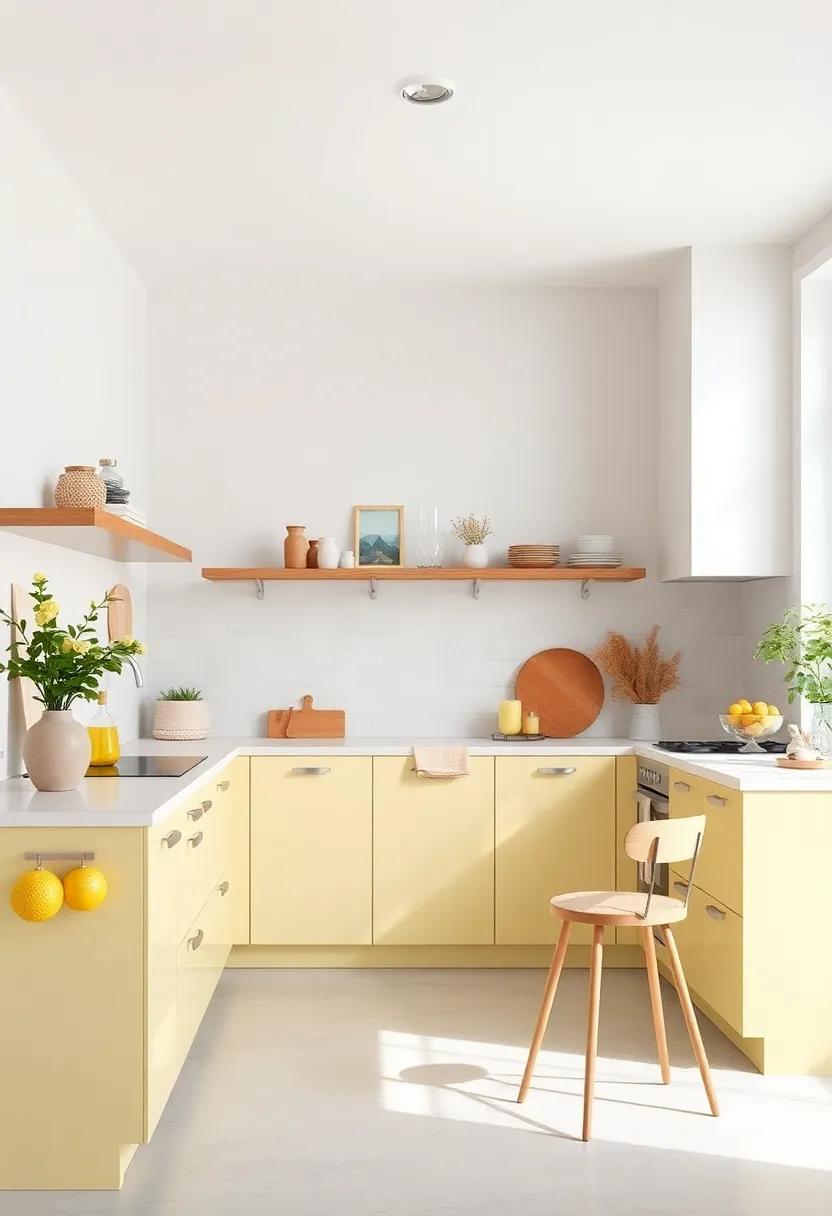Soft Lemon and White Smoke – A soft lemon hue contrasted‍ with white smoke shades brightens and‍ opens the kitchen