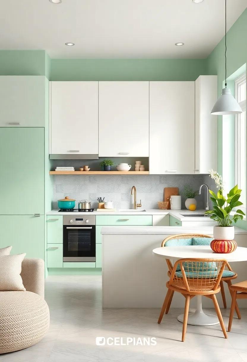 Mint Green and Pearl White – Mint’s vibrancy balanced with pearl white cabinetry makes the space both lively and open