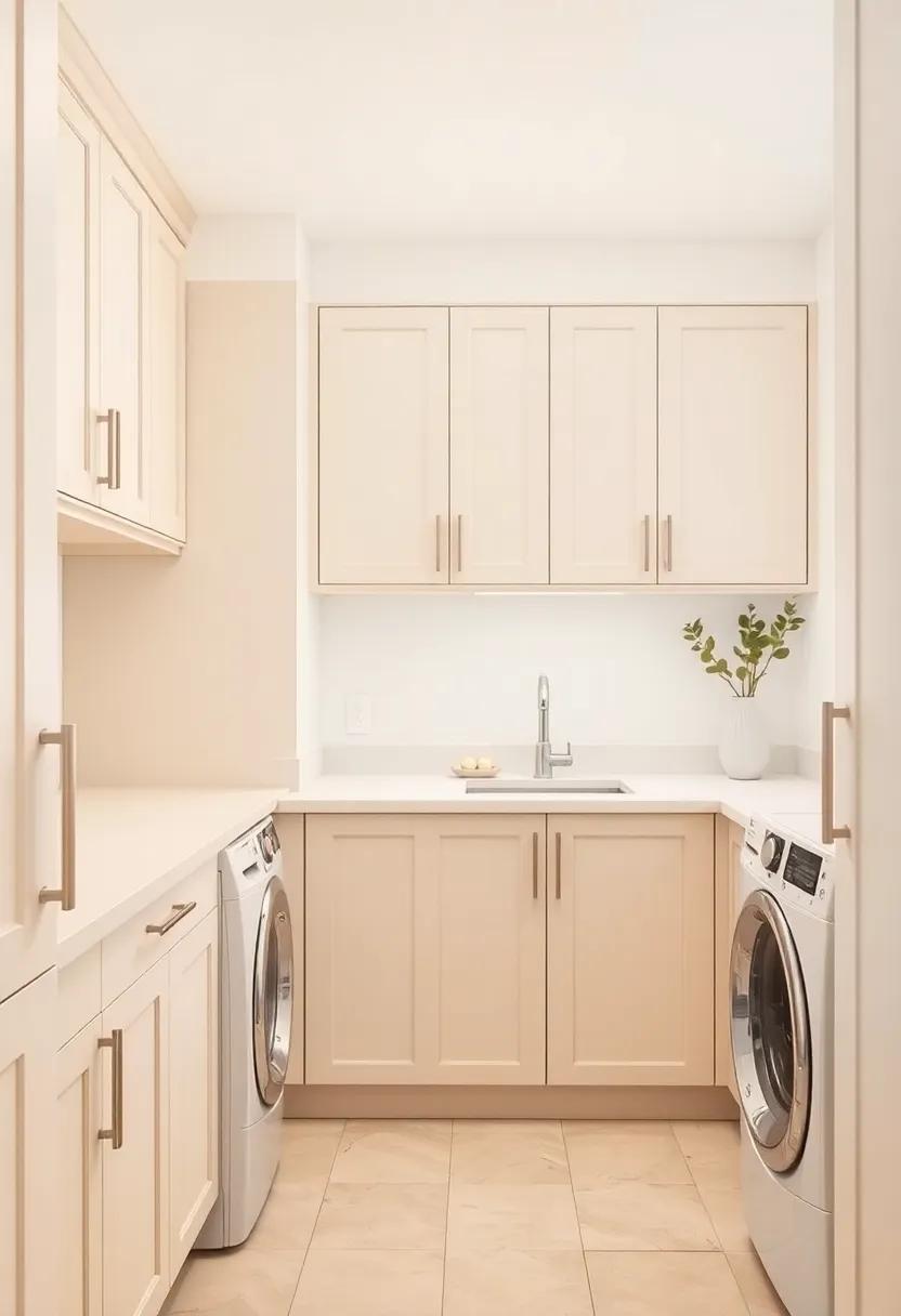 soft Beige Cabinets⁢ with Minimalist Hardware Enhancing Clean and⁤ Calm ⁣Atmosphere