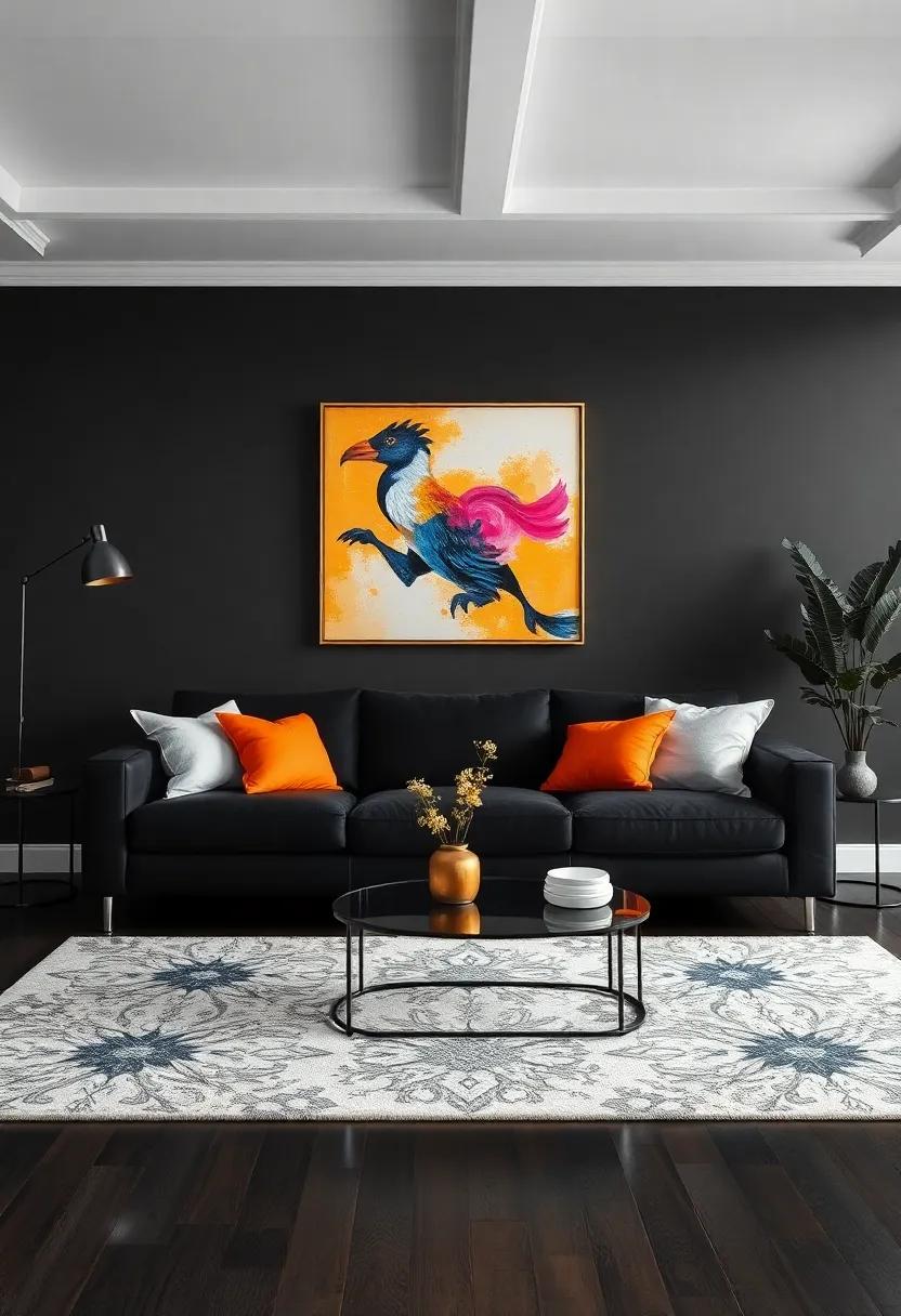 Add a Splash of Color: Use vibrant accent pieces like cushions and artwork to make black furniture pop against the backdrop