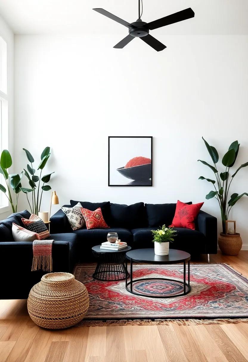 Bohemian Style: Mix textures and patterns with colorful textiles and plants to soften the starkness of black furniture for a relaxed look