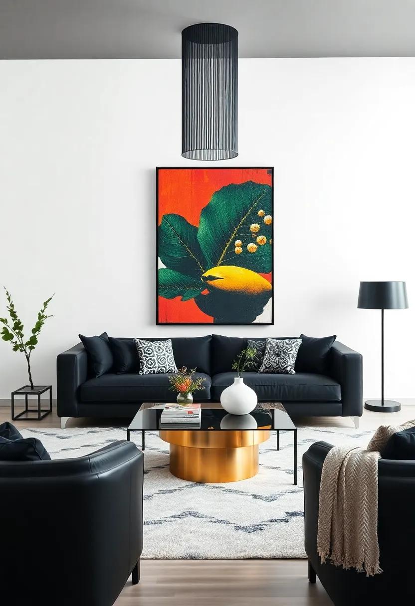 Create Contrast: Use oversized, colorful art pieces against black furniture to draw the eye and create visual intrigue