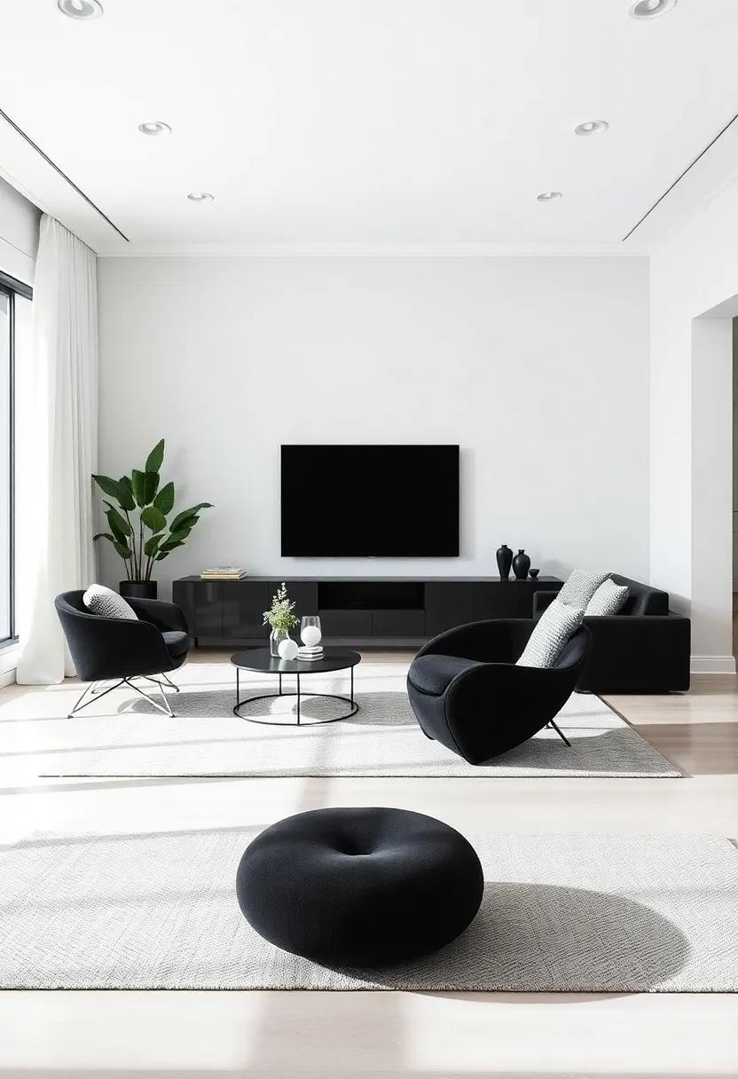 Feature a Statement Piece: Highlight a uniquely designed black furniture item, such as a sculptural chair, as the focal point of the room