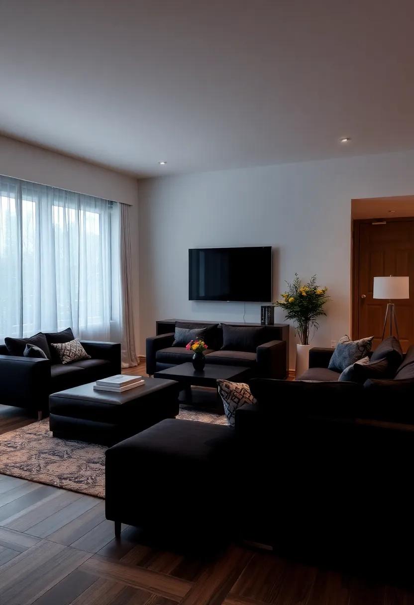 Layered Lighting: Combine ambient, task, and accent lighting for depth and dimension without overpowering black furniture