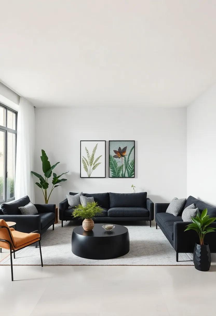 Nature's Touch: Introduce greenery through plants or botanical prints to enliven your living room while keeping the black base