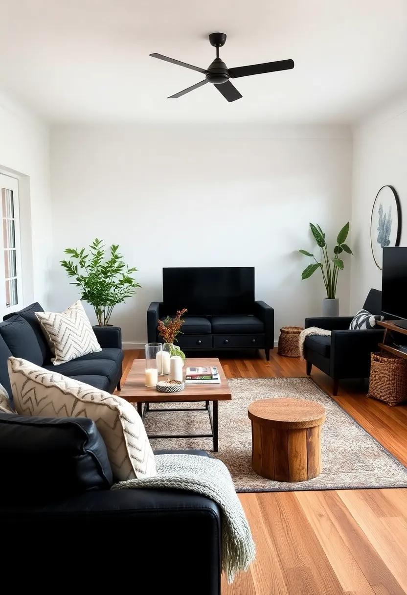 Rustic Charm: Showcase black furniture alongside reclaimed wood elements for a cozy and inviting farmhouse vibe