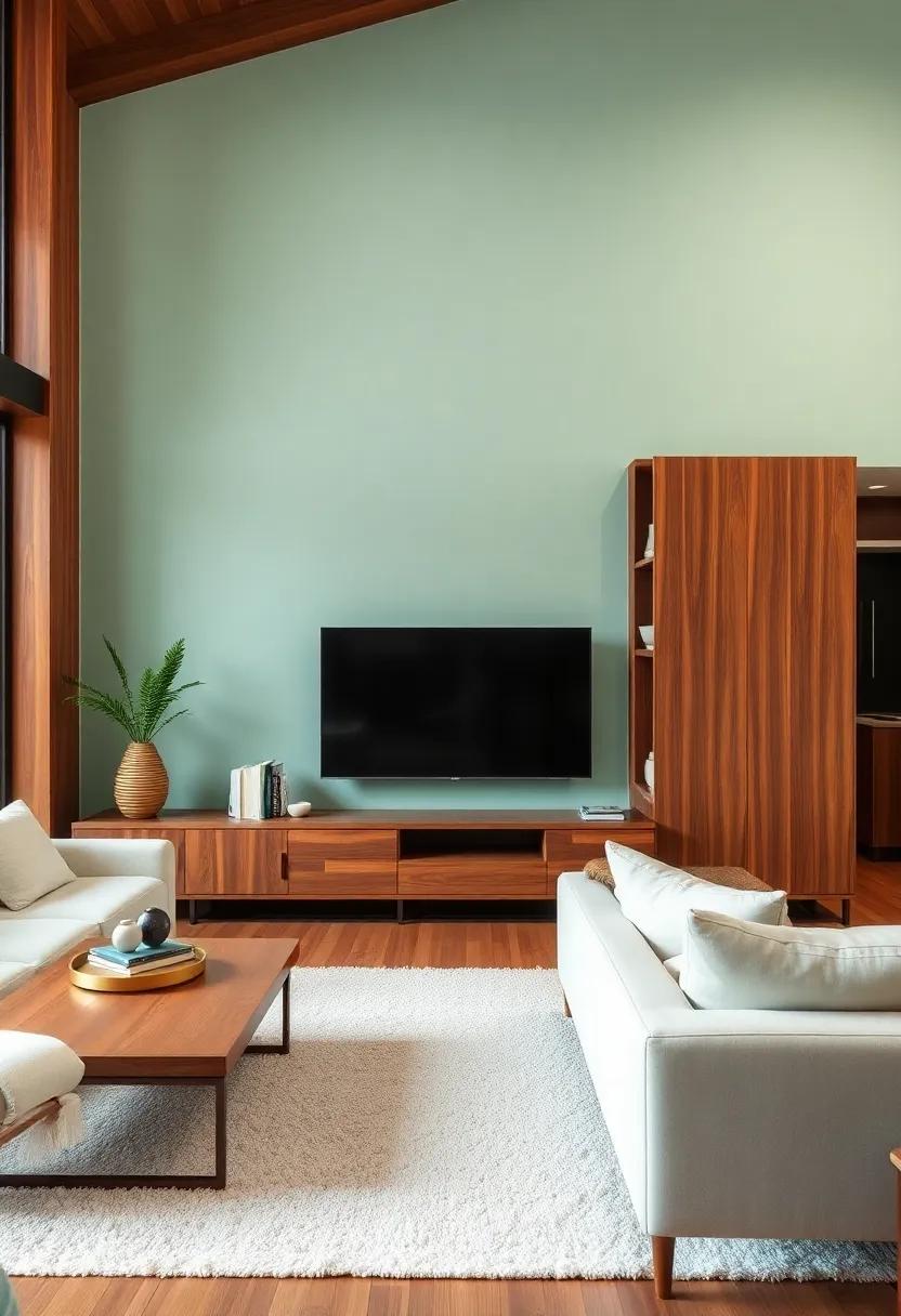 Frosted Mint and​ Cherry: A frosted ⁢mint backdrop ​elevates cherry wood ‌accents, ‍providing a​ refreshing‌ aesthetic that's both modern‌ and inviting, perfect for brightening⁤ up the living space