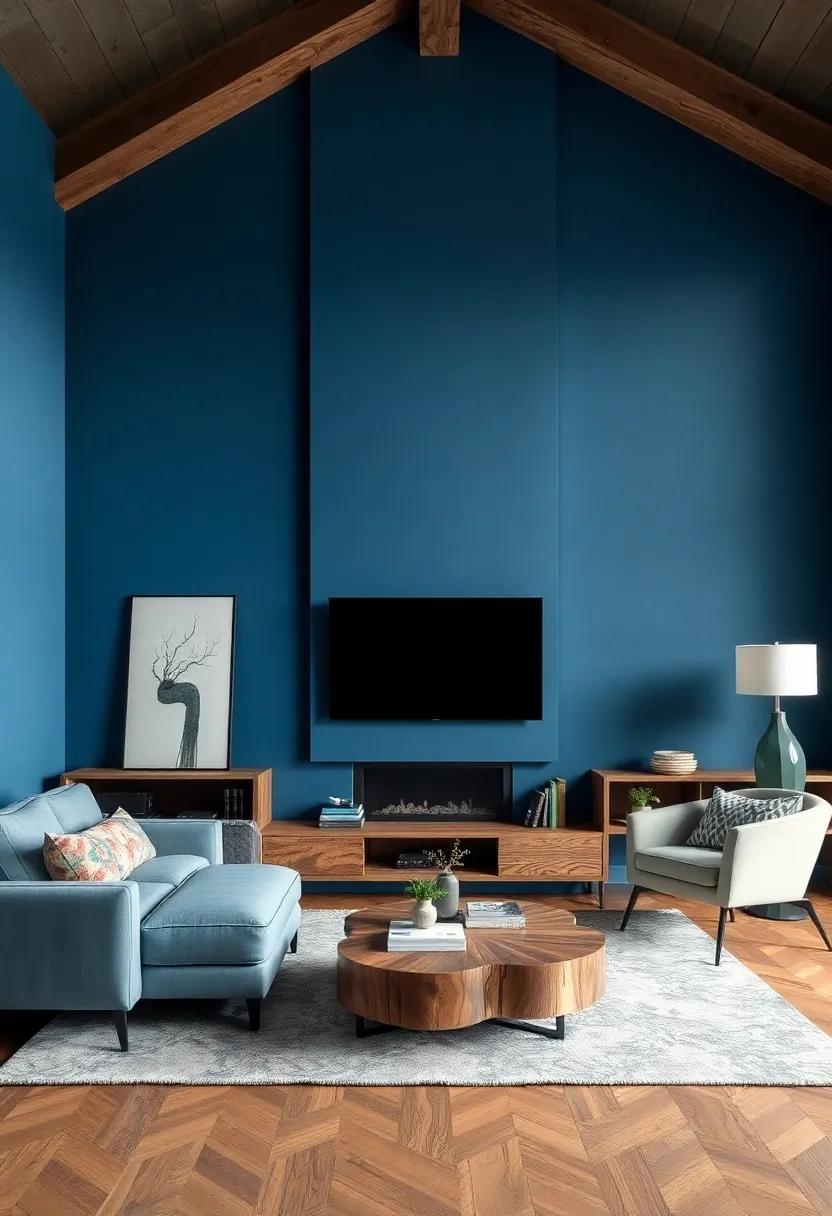 Steel‍ Blue and Spalted Maple: Gorgeous steel blue walls create a ‍modern‌ twist,‌ beautifully enhancing the unique ​patterns ⁢of spalted maple, offering ⁢an artistic flair to your ‍living room