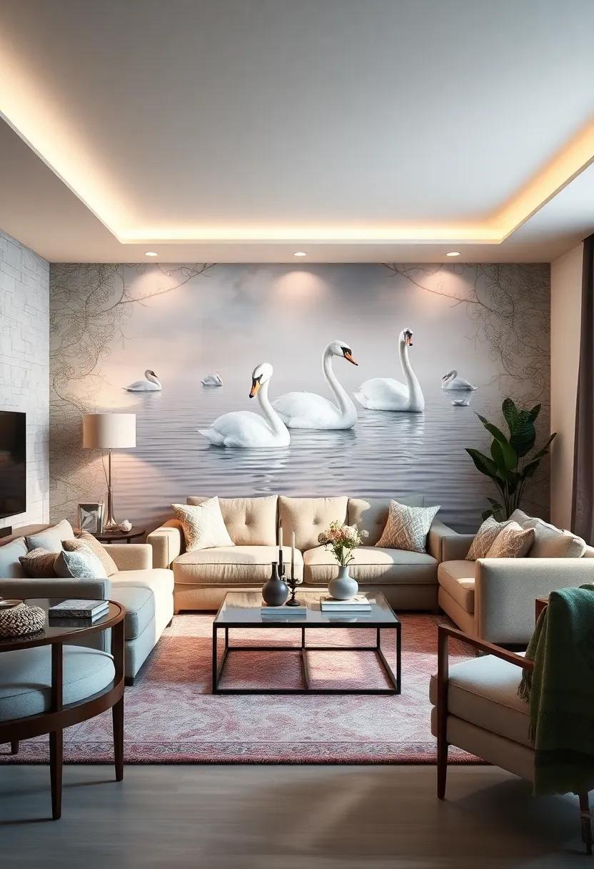 Graceful Swan Scenes: Bring grace and calm to your living room with wallpaper depicting swan imagery in serene, pastel palettes