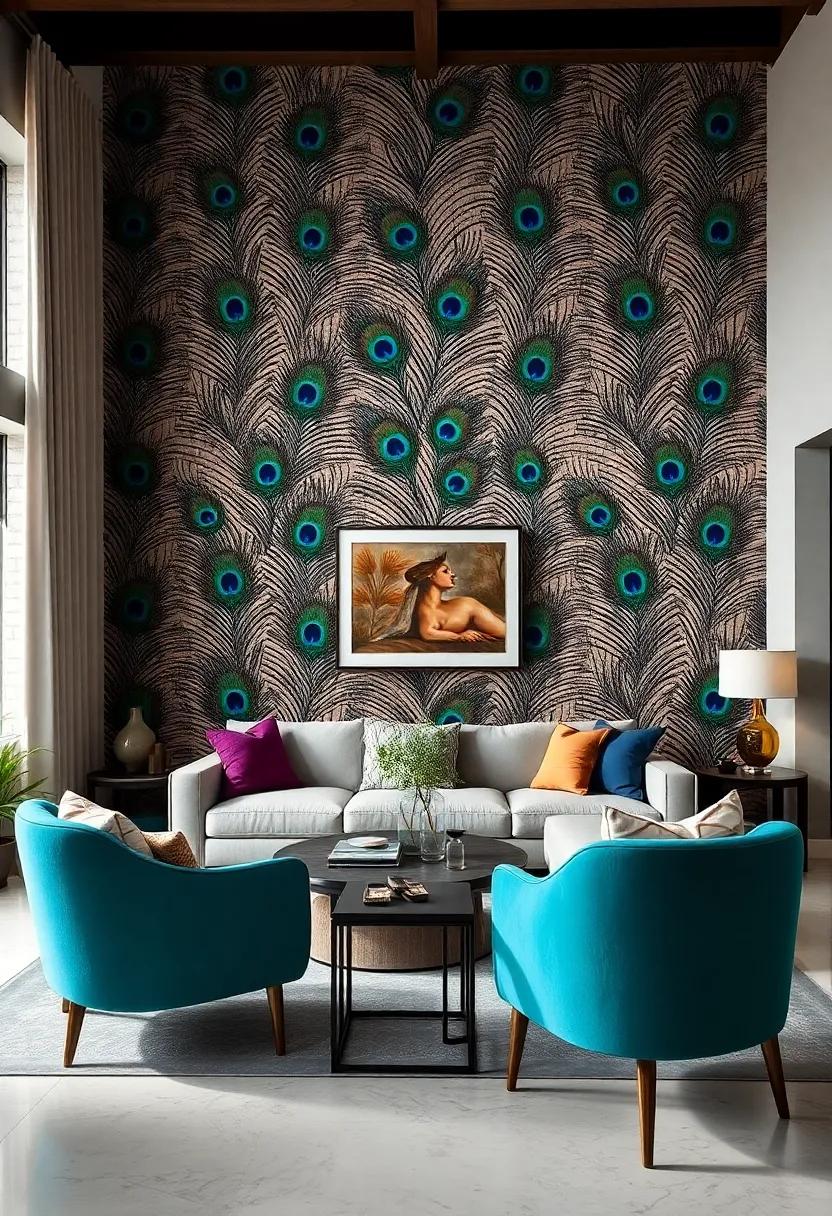 Elegant Peacock Feathers: Elevate your living room’s ambiance with wallpaper showcasing intricate peacock feather patterns in rich jewel tones