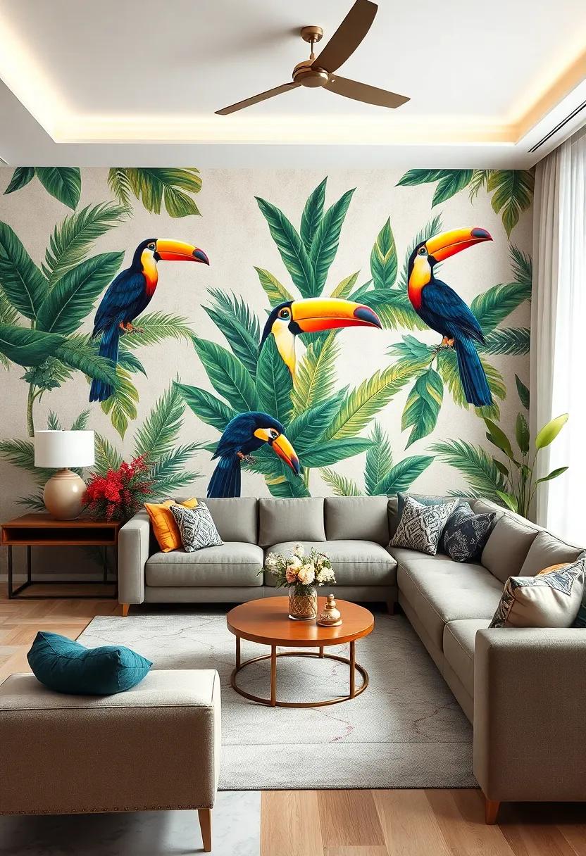 Colorful Toucan and Jungle Leaves: Combine tropical toucans with lush jungle leaves to create a lively, exotic ambiance rich in color and detail