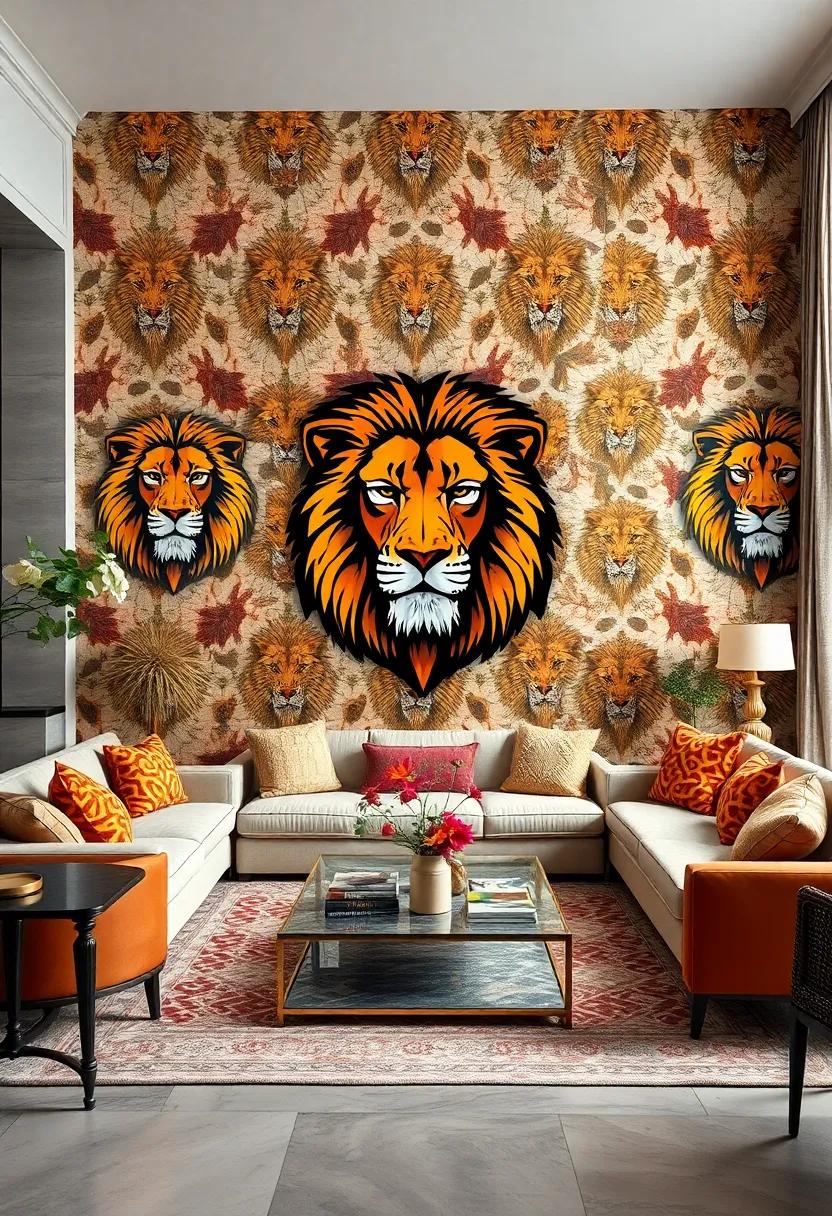 Patterned Lion Pride: Exude royal elegance using wallpaper showcasing lion heads and majestic manes in stylized, geometric patterns