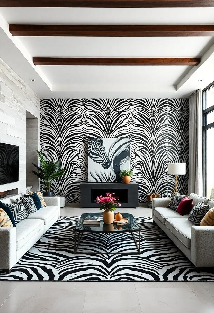 Majestic Zebra Stripes: Create a striking monochrome palette by incorporating bold zebra stripes that energize the space without overwhelming it