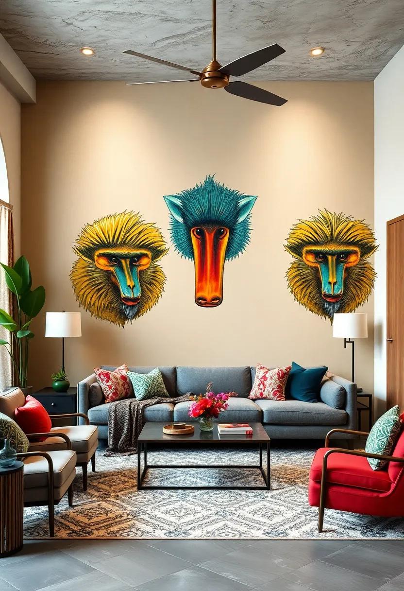 exotic Mandrill Faces: Infuse the room with vibrant color and energy through detailed mandrill face illustrations that are both bold and beautiful