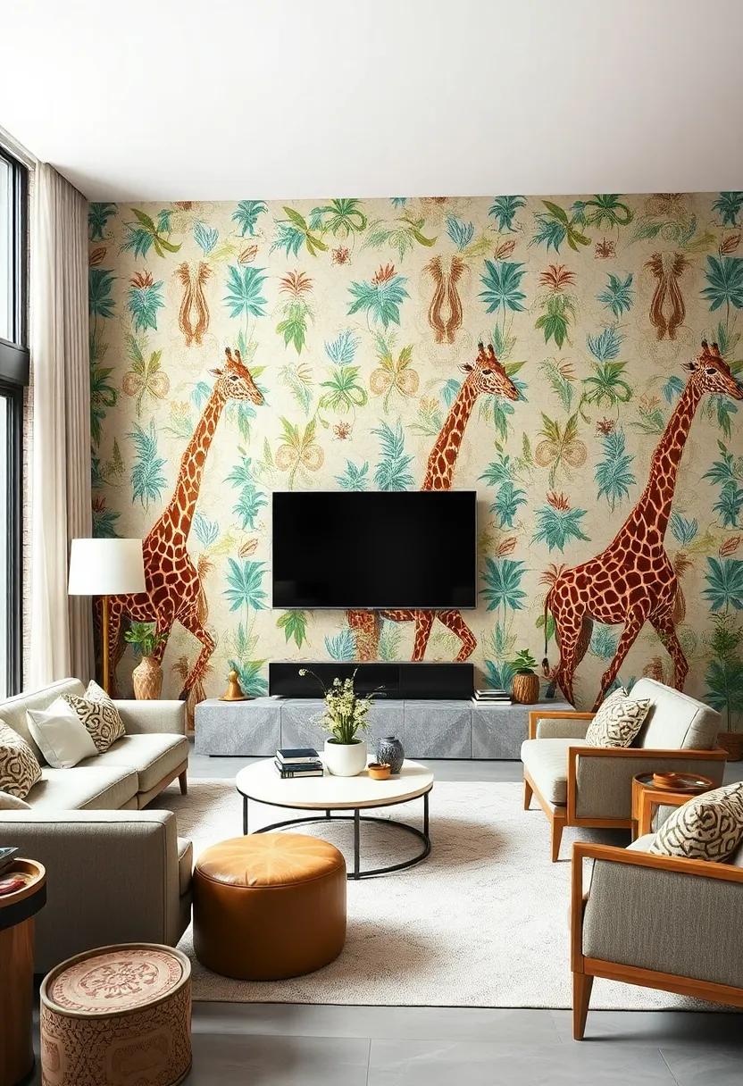 Playful Giraffe Patterns: Soften your décor with gentle giraffe print wallpaper that balances whimsical charm and natural beauty