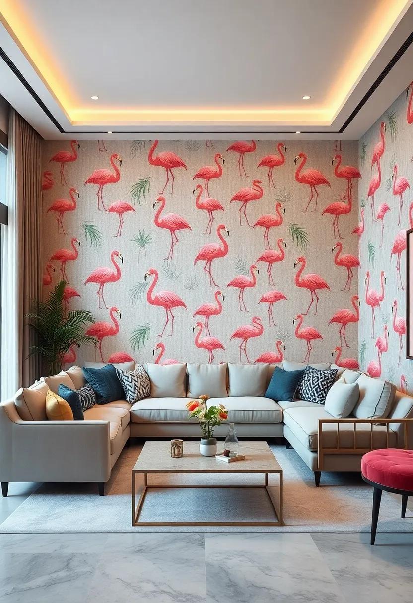 Graceful Flamingo Flair: Infuse a soft yet exotic vibe using wallpaper adorned with delicate flamingos in pastel hues for a subtle, stylish statement
