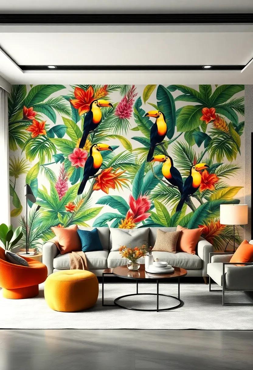 Tropical Toucan Paradise: Invite the vibrant colors of the tropics into your living room with wallpaper featuring playful toucans perched among lush foliage
