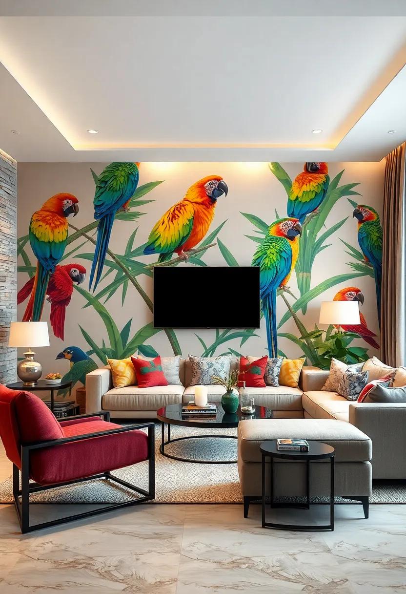 Vibrant Parrot Silhouettes: Energize your space by featuring bright parrot silhouettes against contrasting backgrounds for a lively atmosphere